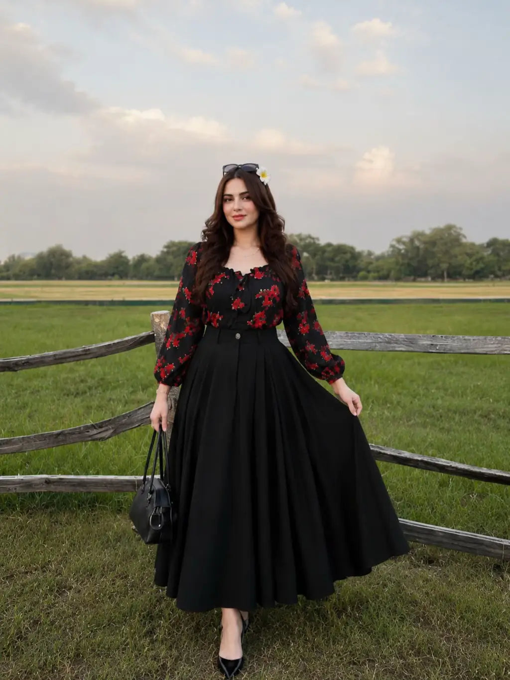 Black Floral Flare Shirt & Skirt Dress