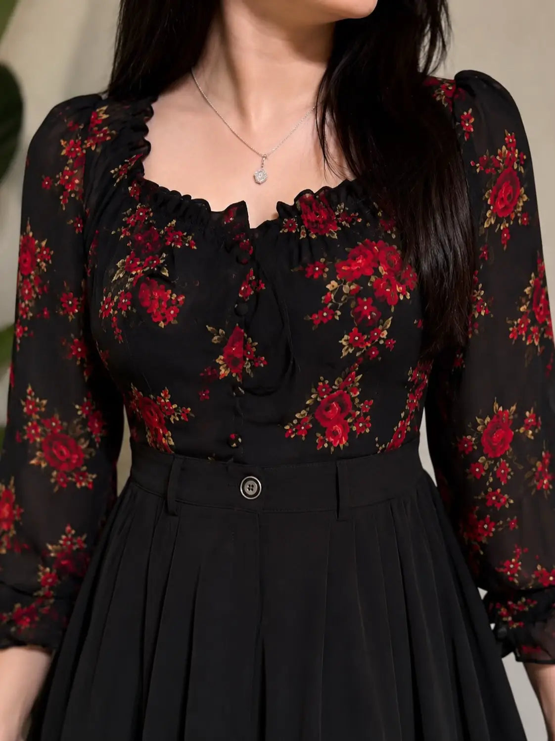 Black Floral Flare Shirt & Skirt Dress